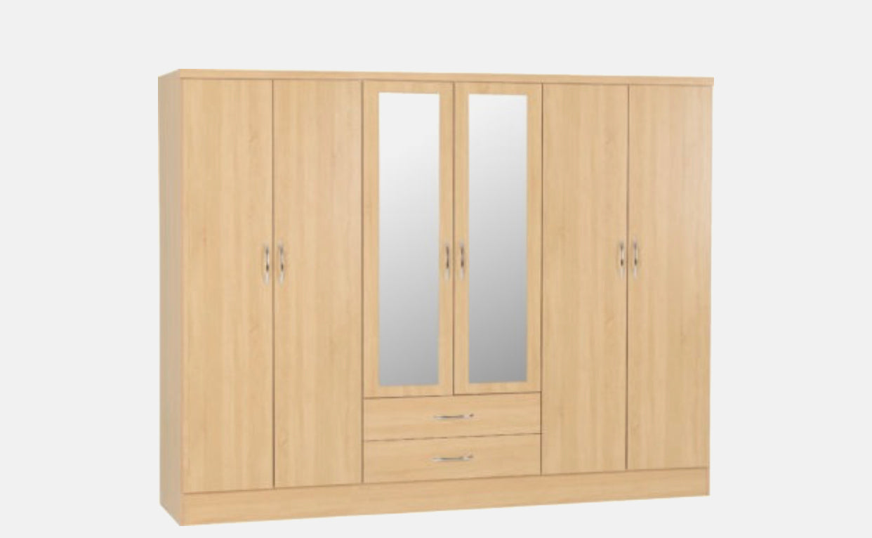 Nevada 6 Door 2 Drawer Mirror Wardrobe - Light Oak