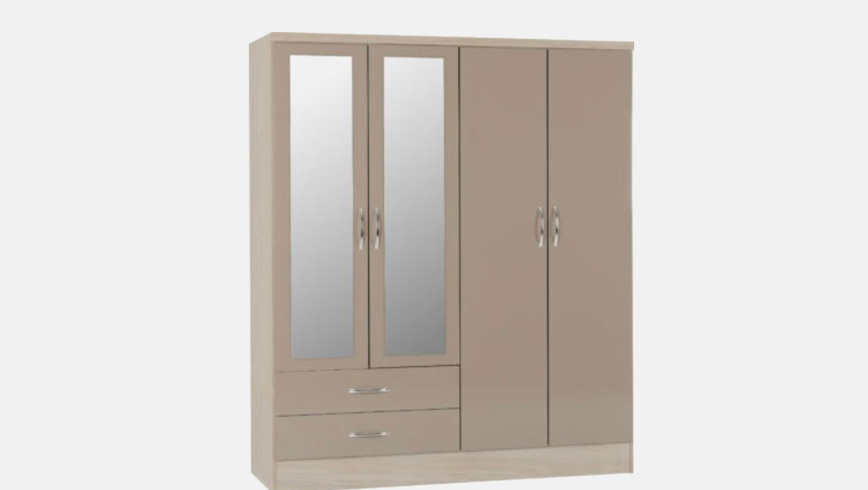 Nevada 4 Door 2 Drawer Mirror Wardrobe - Oyster Gloss / Oak