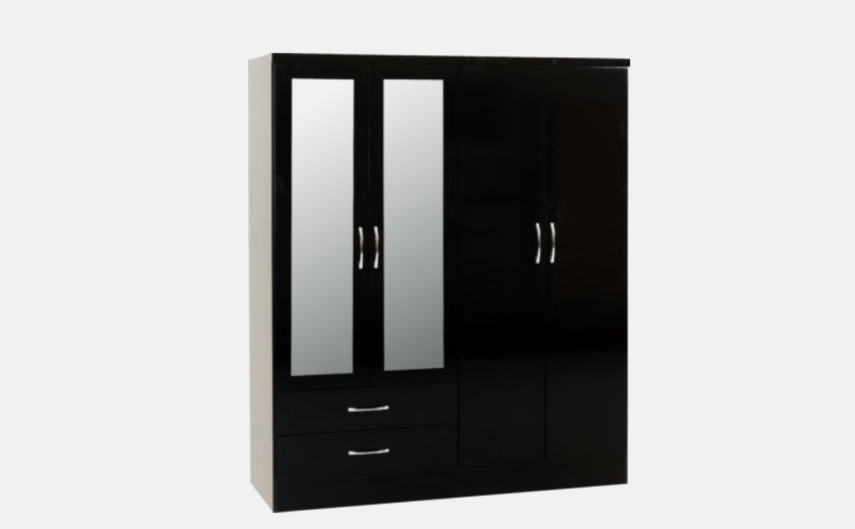 Nevada 4 Door 2 Drawer Mirror Wardrobe - Black Gloss