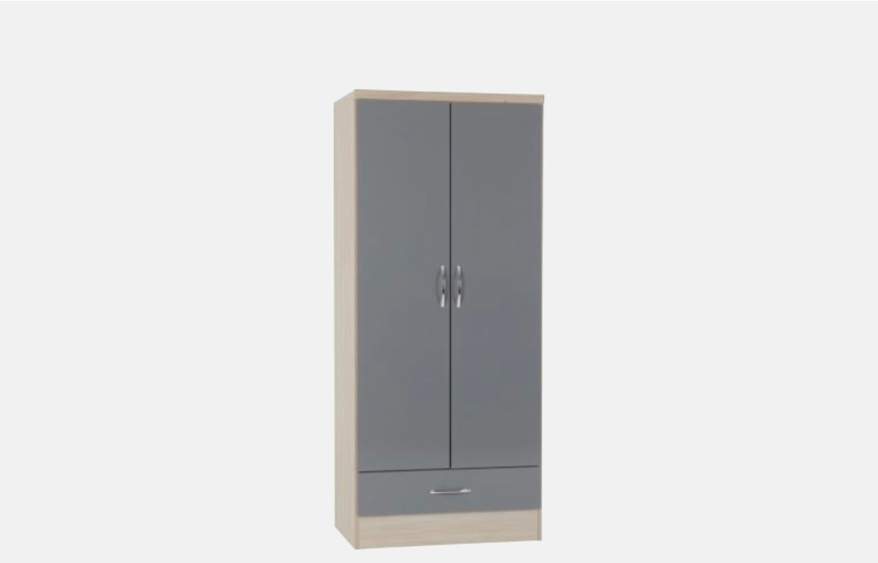 Nevada 2 Door 1 Drawer Wardrobe - Grey Gloss