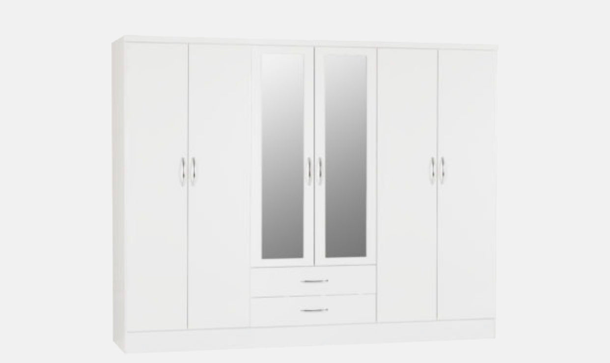 Nevada 6 Door 2 Drawer Mirror Wardrobe - White Gloss