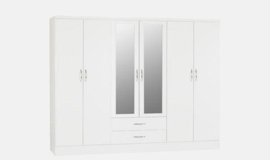 Nevada 6 Door 2 Drawer Mirror Wardrobe - White Gloss