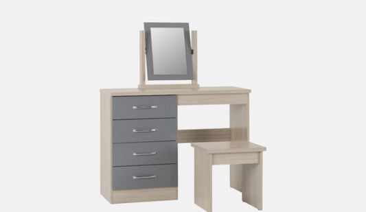 Nevada 4 Drawer Dressing Table Set - Grey Gloss / Light Oak