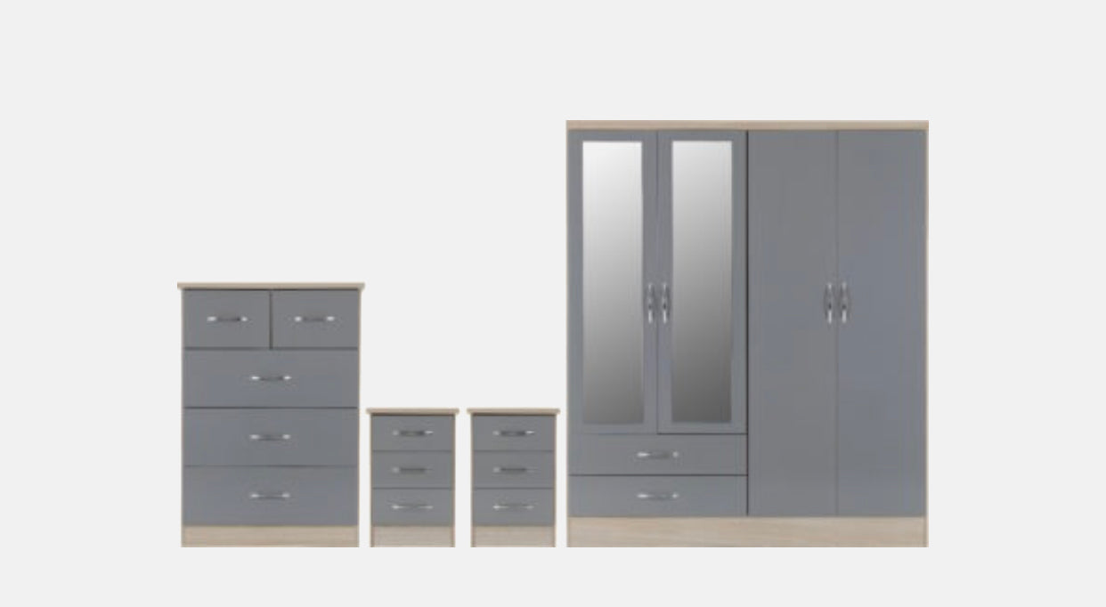 Nevada 4 Door 2 Drawer Mirror Wardrobe Set - Grey Gloss / Oak