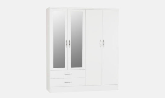 Nevada 4 Door 2 Drawer Mirror Wardrobe - White Gloss