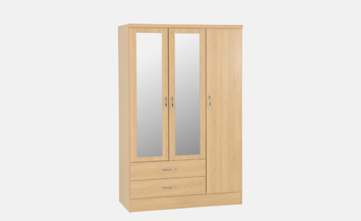 Nevada 3 Door 2 Drawer Mirror Wardrobe - Light Oak