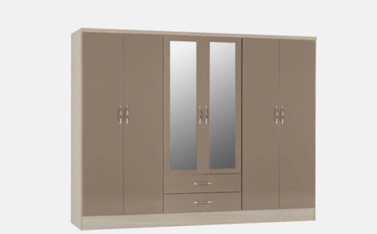 Nevada 6 Door 2 Drawer Mirror Wardrobe - Oyster Gloss / Light Oak