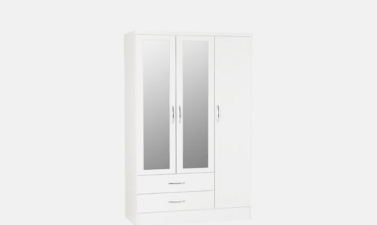 Nevada 3 Door 2 Drawer Mirror Wardrobe - White Gloss