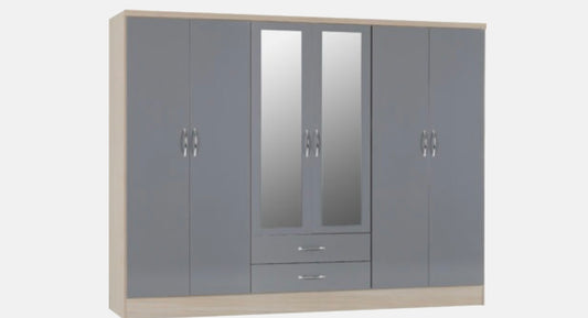 Nevada 6 Door 2 Drawer Mirror Wardrobe - Grey Gloss / Light Oak