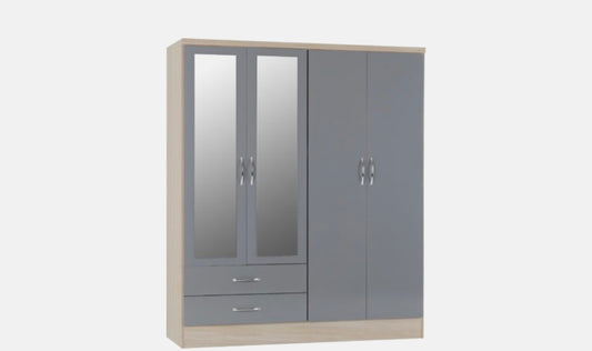 Nevada 4 Door 2 Drawer Mirror Wardrobe - Grey Gloss/Oak