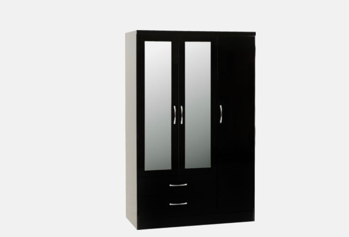 Nevada 3 Door 2 Drawer Mirror Wardrobe - Black Gloss