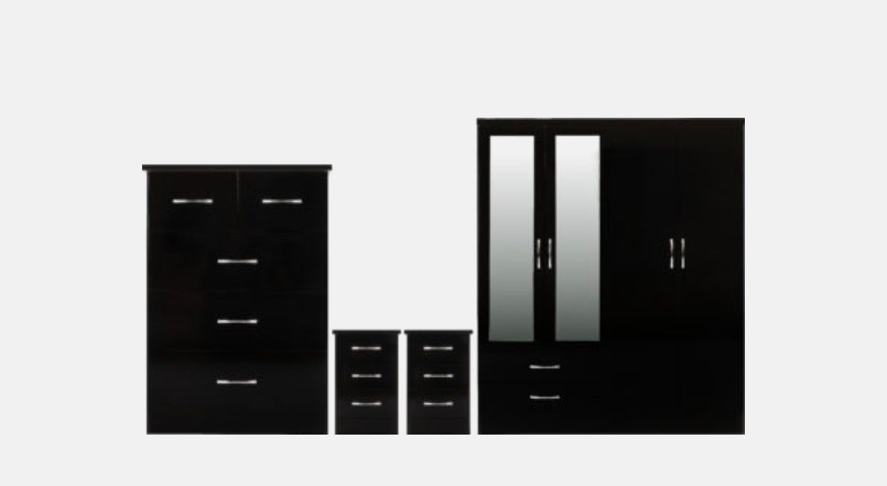 Nevada 4 Door 2 Drawer Mirror Wardrobe Bedroom Set - Black Gloss