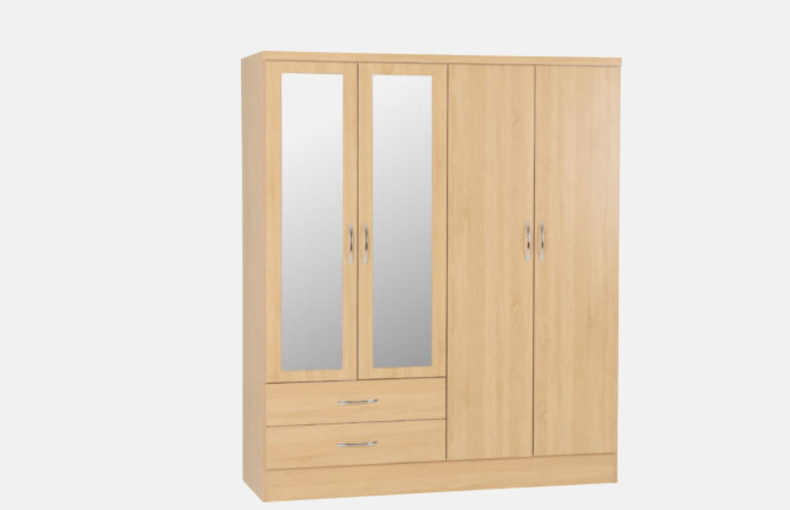 Nevada 4 Door 2 Drawer Mirror Wardrobe - Light Oak