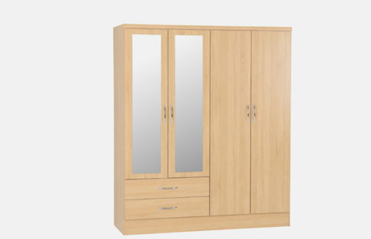 Nevada 4 Door 2 Drawer Mirror Wardrobe - Light Oak