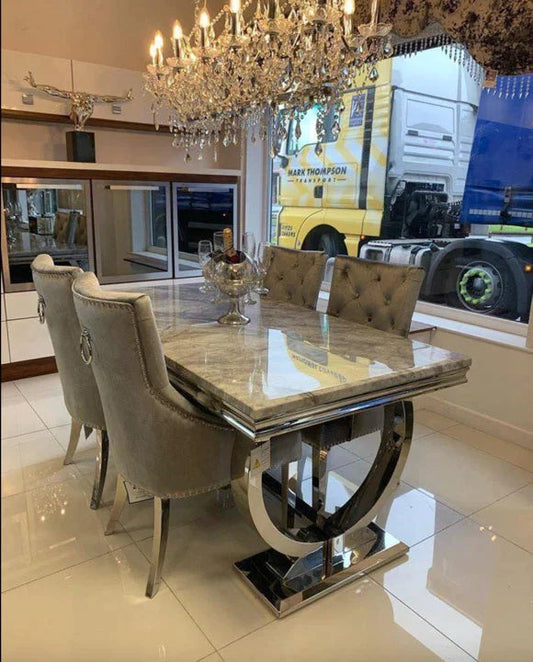 Ariana Marble 1.5M Dining Table & 4 Duke Ring Knock Chairs