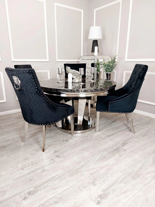 London 1.3M Round Marble Table & 4 Bentley Chairs