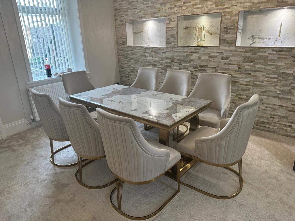 Arianna 1.8M Gold Marble Table & Gold Chelmsford Dining Chairs