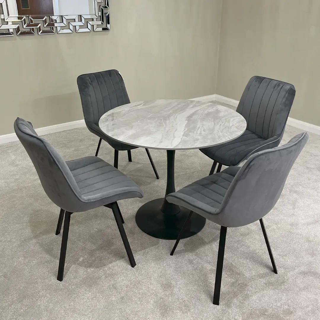 Bentley 90cm Gold/Grey Ceramic Marble Round Dining Table With Black Base & Dido Grey Velvet Dining Chairs