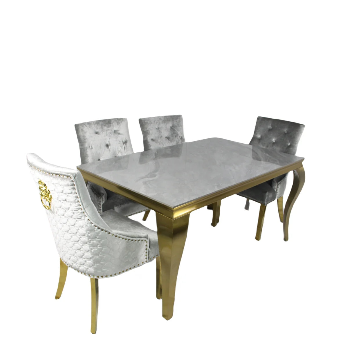 Louis 1.5M Gold Dining Table & 4 Bentley Gold Dining Chairs