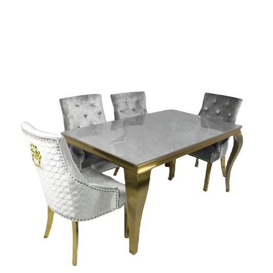 Louis 1.5M Gold Dining Table & 4 Bentley Gold Dining Chairs